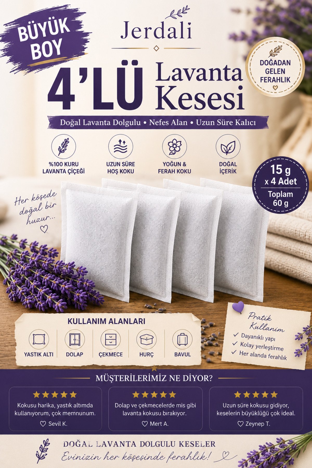 Lavanta Kesesi 4’lü Set (4 x 15 g) - Dolap Kokusu, Çekmece Kokusu, Hurç ve Bavul İçin Doğal Lavanta Kesesi Uyku Stress