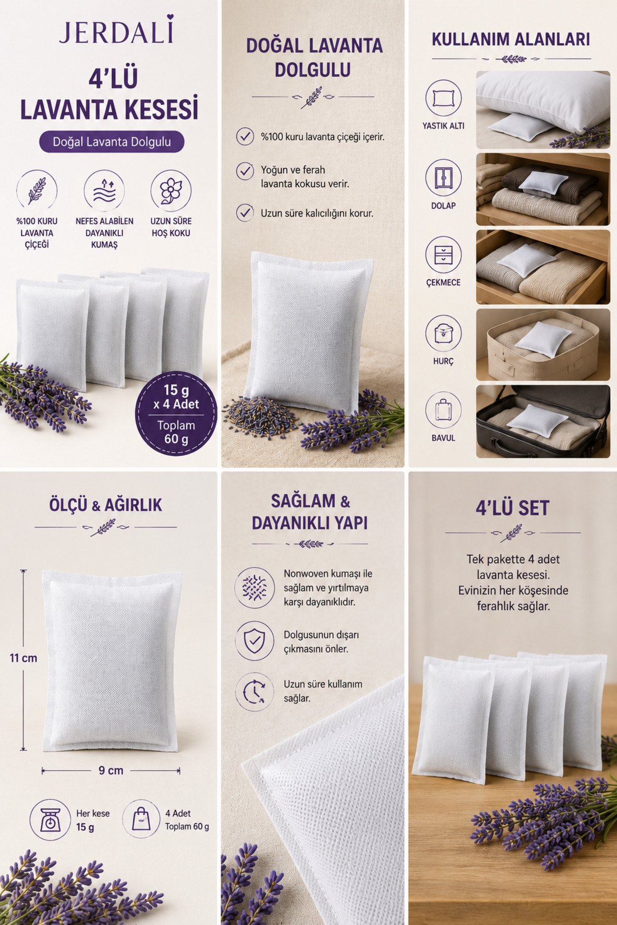 Lavanta Kesesi 4’lü Set (4 x 15 g) - Dolap Kokusu, Çekmece Kokusu, Hurç ve Bavul İçin Doğal Lavanta Kesesi Uyku Stress - Görsel 2