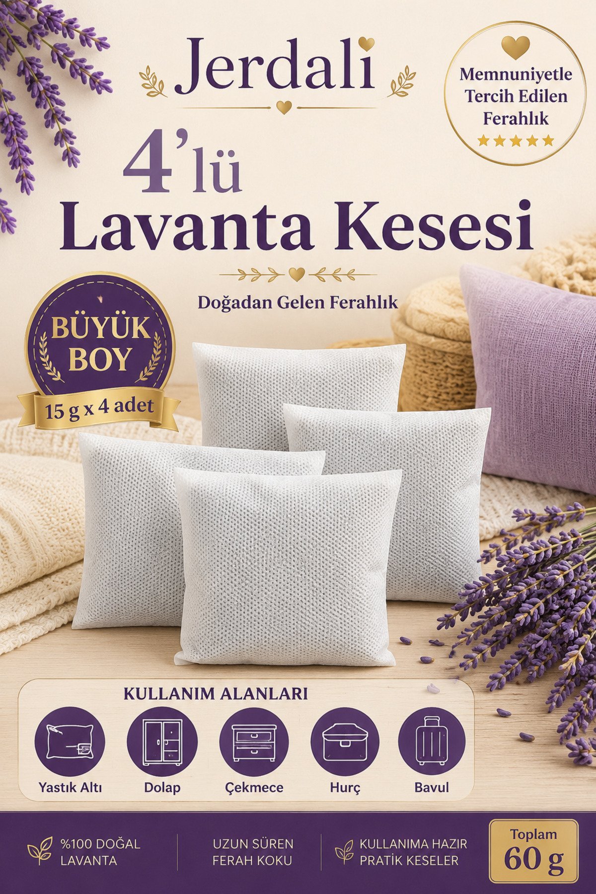 Lavanta Kesesi 4’lü Set (4 x 15 g) - Dolap Kokusu, Çekmece Kokusu, Hurç ve Bavul İçin Doğal Lavanta Kesesi Uyku Stress - Görsel 3