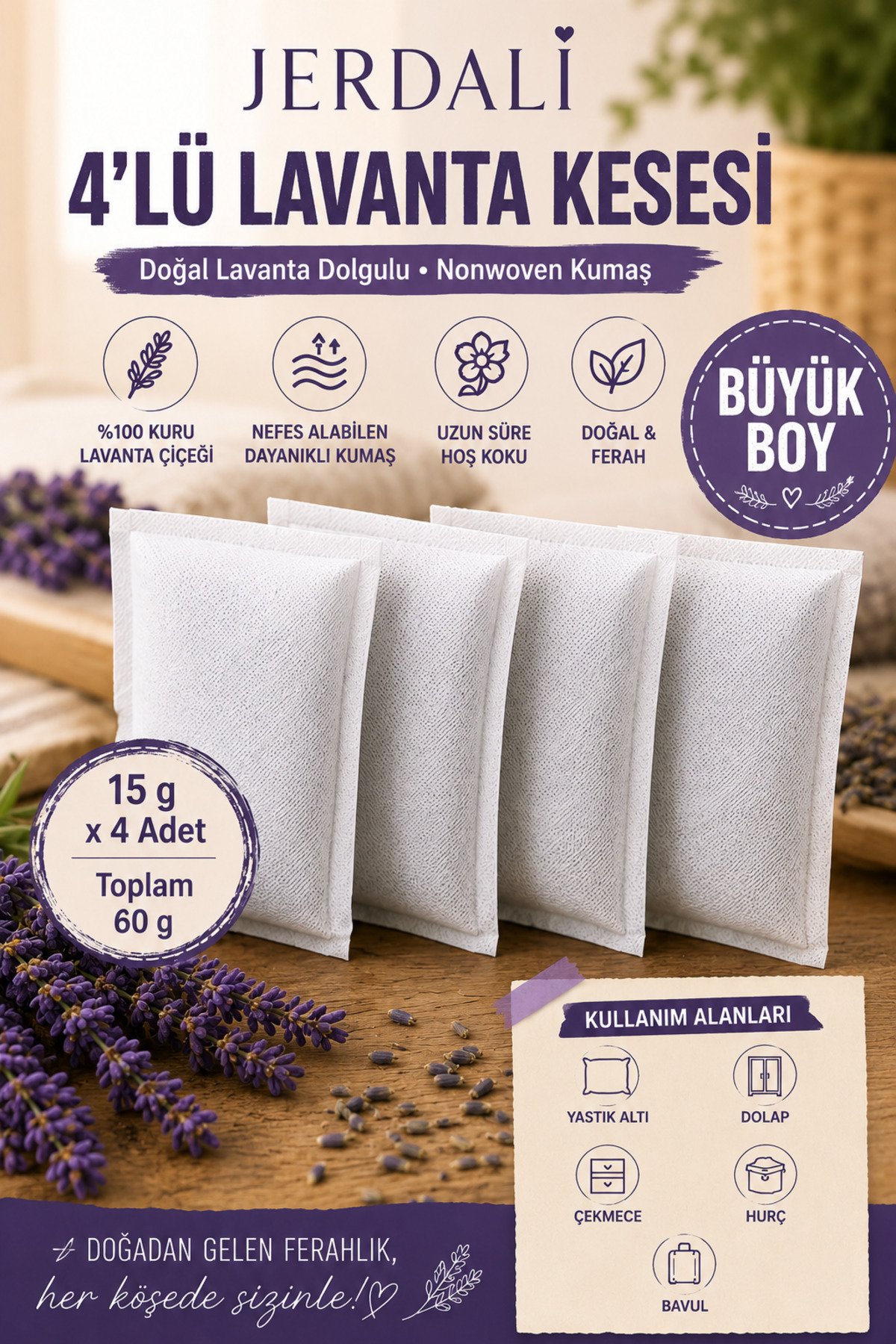 Lavanta Kesesi 4’lü Set (4 x 15 g) - Dolap Kokusu, Çekmece Kokusu, Hurç ve Bavul İçin Doğal Lavanta Kesesi Uyku Stress - Görsel 4