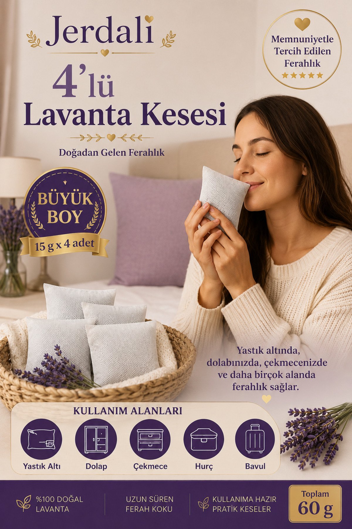 Lavanta Kesesi 4’lü Set (4 x 15 g) - Dolap Kokusu, Çekmece Kokusu, Hurç ve Bavul İçin Doğal Lavanta Kesesi Uyku Stress - Görsel 5