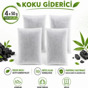 Aktif Karbon Koku Giderici Kese 4 Adet x 50 g – Ayakkabı, Dolap, Araç, Kedi Kumu ve Kapalı Alanlar İçin Koku Emici, Koku Absorbe Edici